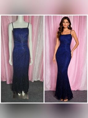 Mia Bella Exquisite Pure Silk Blue Heavy Beaded Cocktail Maxi Gown Size Small